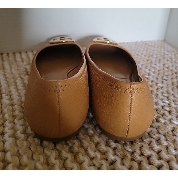 TORY BURCH Women's Ballet Flats Leather Slip-on Royal Tan Gold Logo SZ 6M - Picture 6 of 11